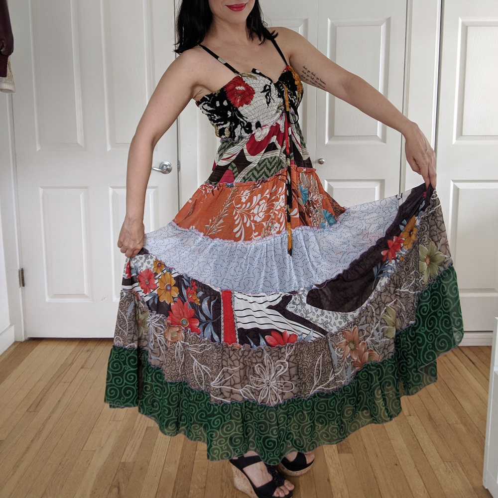 Patchwork, Spaghetti Straps, Elastic, Maxi Dress - image 1